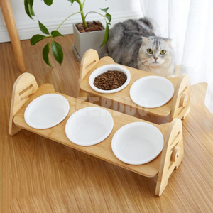 Soporte de bambú Plato elevado de cerámica para comida y agua para perros y gatos GRDFB-5