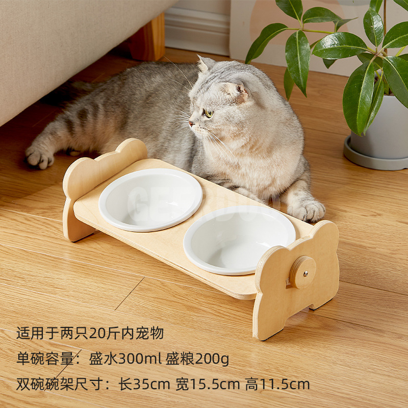 Soporte de bambú Plato elevado de cerámica para comida y agua para perros y gatos GRDFB-5