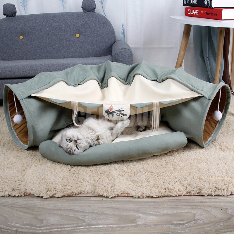 Cama de gato plegable extraíble 2 en 1 cálida y acogedora con juguetes de túnel GRDTC -1